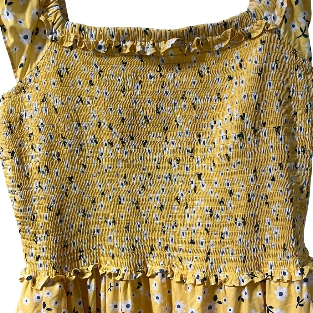 Kate Spade Yellow Floral Midi Fleurette Toss Smocked Dress Cottage Spring Size L
